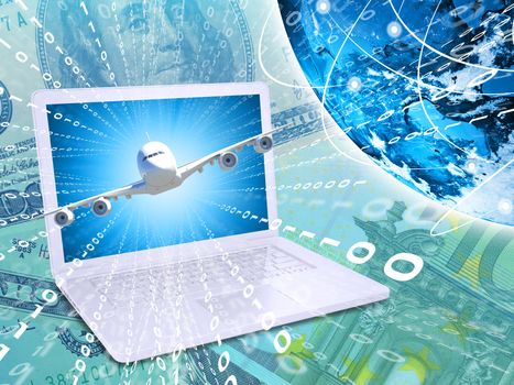 Airplane with the background of laptop and Earth. Business concept. Elements this image are furnished by NASA