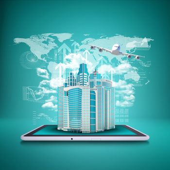 Airplane with the background of skyscrapers on tablet pc. Business concept