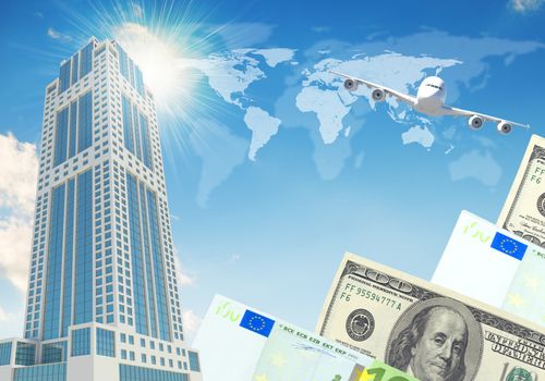 Airplane with the background of skyscrapers and money. Business concept