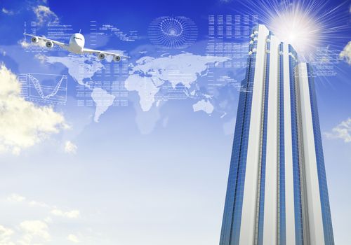 Airplane with the background of skyscrapers and graphs. Business concept
