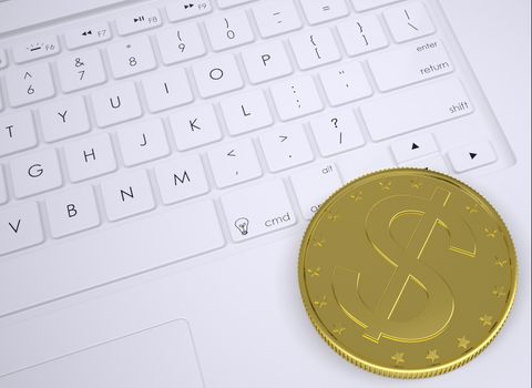 Gold dollar coin on the keyboard. View from above