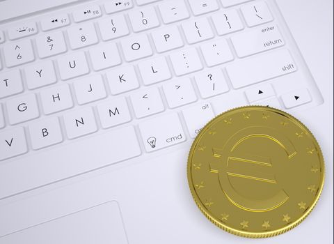 Gold euro coin on the keyboard. View from above