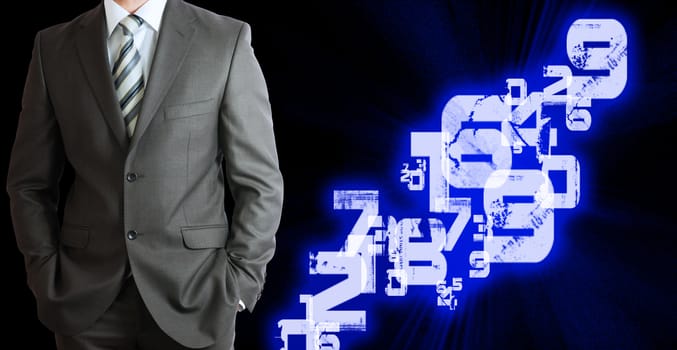 Businessman in a suit with background of white glowing figures