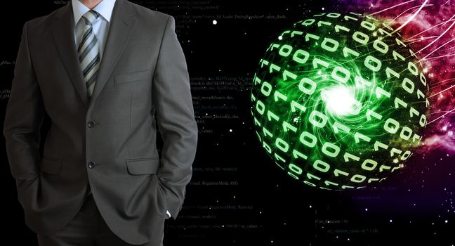 Businessman in a suit. Spheres of glowing digits on background