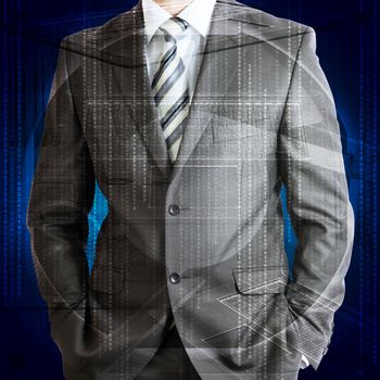 Businessman in a suit with background of glowing lines. Business concept