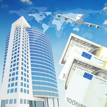 Airplane with the background of skyscrapers and money. Business concept