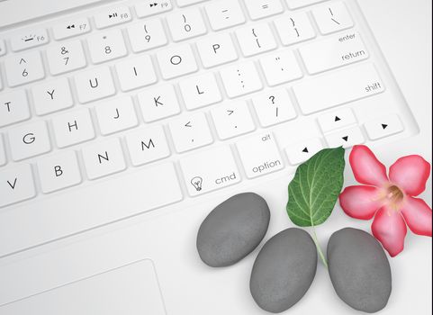 Flower, leaf and three stone for massage on the keyboard. View from above
