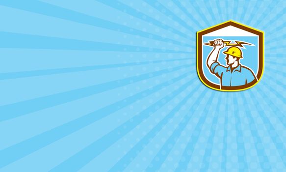 Business card showing illustration of an electrician construction worker holding a lightning bolt set inside shield crest done in retro style on isolated background.