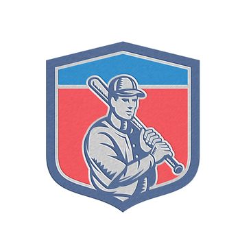 Metallic styled illustration of a american baseball player batter hitter holding bat on shoulder set inside crest shield done in retro style on isolated background.