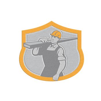 Metallic styled illustration of a carpenter builder carry carrying lumber on shoulder set inside shield crest shape on isolated background.
