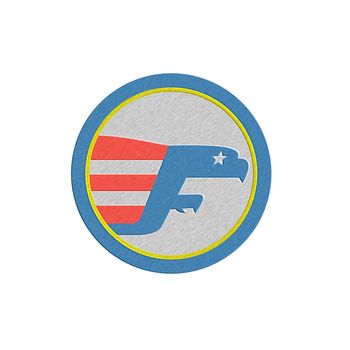 Metallic styled illustration of an eagle flying side view with stripes flag set inside circle on isolated white background done in retro style.