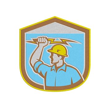 Metallic styled illustration of an electrician construction worker holding a lightning bolt set inside shield crest done in retro style on isolated background.