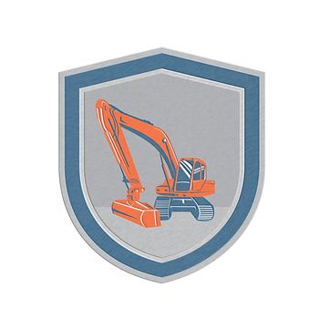 Metallic styled illustration of a construction mechanical digger excavator set inside shield crest on isolated background done in retro style.