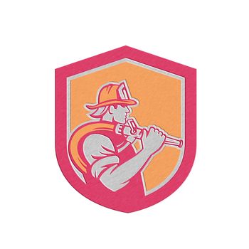 Metallic styled illustration of a fireman fire fighter emergency worker holding fire hose over his shoulder viewed from the side set inside shield crest done in retro style.