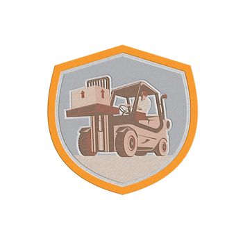 Metallic styled illustration of a forklift truck and driver at work lifting handling box crate done in retro style inside shield crest shape.