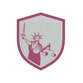 Metallic styled illustration of lady statue of liberty facing front holding weighing scales of justice and holding sword set inside crest shield on isolated white background.