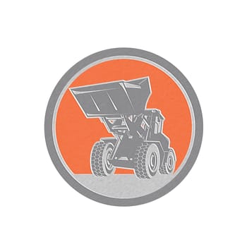 Metallic styled illustration of a construction front end loader digger excavator viewed from front set inside circle done in retro style .