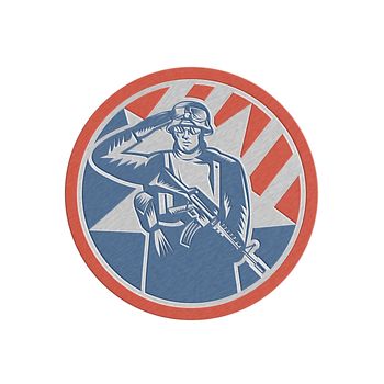 Metallic styled illustration of an American soldier serviceman saluting holding rifle gun facing front inside circle done in retro style.
