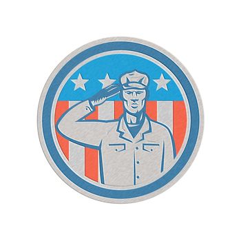 Illustration of an American soldier serviceman saluting USA with stars and stripes in the background set inside circle done in retro style.