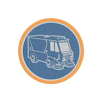Metallic styled illustration of a street cleaner truck sweeping cleaning from front set inside circle on isolated background done in retro style.