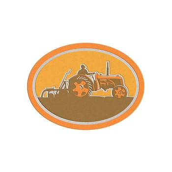 Metallic styled illustration of a farmer driving riding vintage tractor plowing field sideview set inside an oval done in retro style.