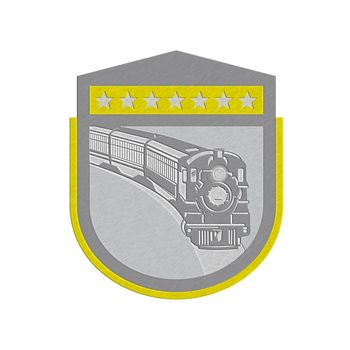 Metallic styled illustration of a steam train locomotive viewed from front set inside shield crest on isolated background done in retro style.