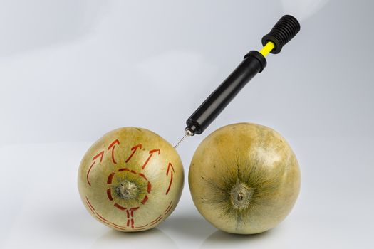 Cosmetic treatment  for Female breasts metaphor: melons air pumped  by bicycle pump meaning cosmetic and health treatment