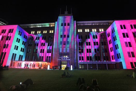 SYDNEY, NSW, AUSTRALIA - JUNE 2, 2014; Museum of Contemporary Art comes alive with moving imagery and music  during Vivid Sydney festival event for locals and tourists to enjoy.