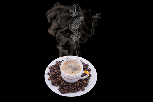 Coffee cup and saucer on a wooden table. Dark background.