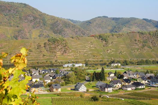 Bremm an der Mosel mit Neubaugebiet und Schiff 
