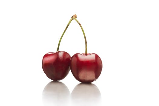 Close-up of two ripe, tasty, red and shiny cherries, with connected stems, with reflection on white background