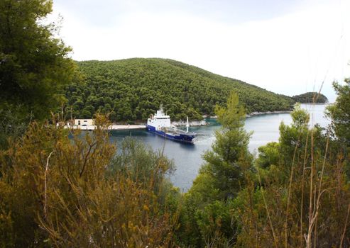 Special ship in small port of Greek island Skopelos