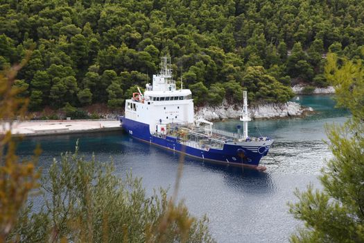 Special ship in small port of Greek island Skopelos