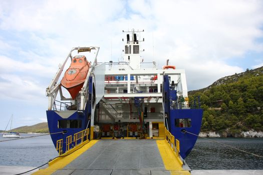 Special ship in small port of Greek island Skopelos