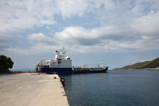 Special ship in small port of Greek island Skopelos