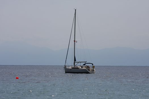 Anchored Sailboat  on the Skopelos island ,Aegean sea