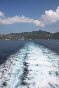 Sea foam made by ferry at Mediterranean sea