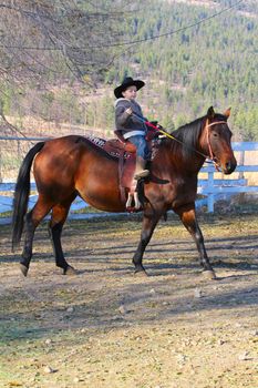 Young cowboy riding his horse on the farm