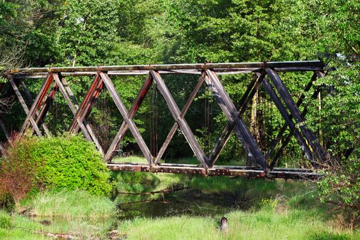 Old bridge in spring forest crossing water