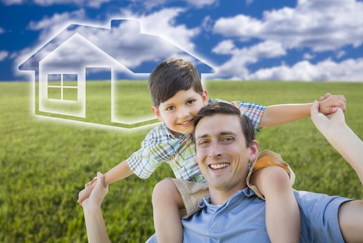 Excited Mixed Race Father and Son Piggyback Over Grass Field, Sky and Ghosted House Icon.