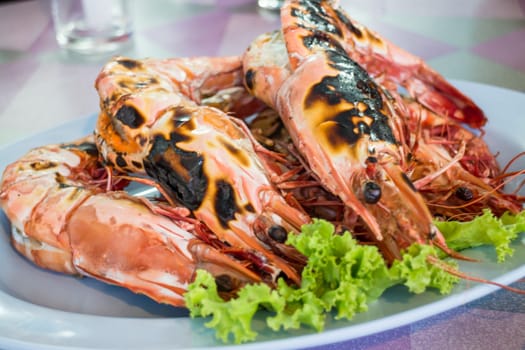 Grilled tiger prawns on the plate, stock photo