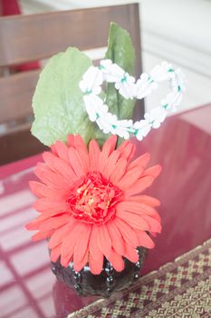 Red gerbera flower decorated on table, stock photo