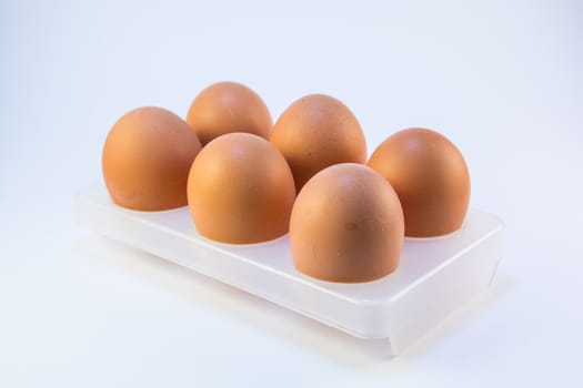 Half a dozen of eggs in the egg tray.