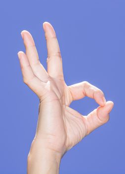 The hand with OK sign under the blue sky