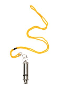Metal whistle with a yellow cord on a white background