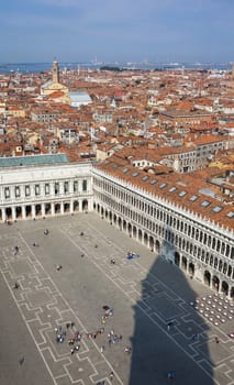 aerial view of Venice city from the top of the bell tower at the San Marco Square 