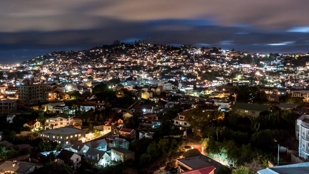 Aerial view of the Antananarivo, capital city of Madagascar, at night