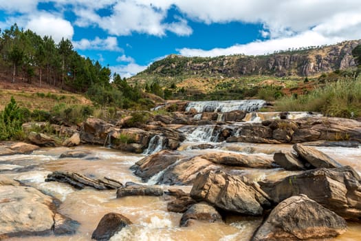 Beautiful and tranquil landscapes of Madagascar with multiple levels of small waterfalls