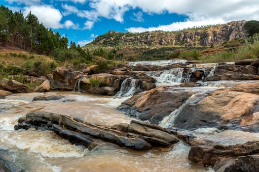 Beautiful and tranquil landscapes of Madagascar with multiple levels of small waterfalls