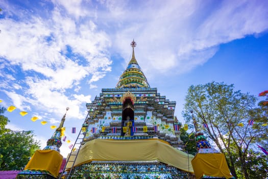 mirror decorated pagoda on clear sky scene,Chiangrai,Thailand